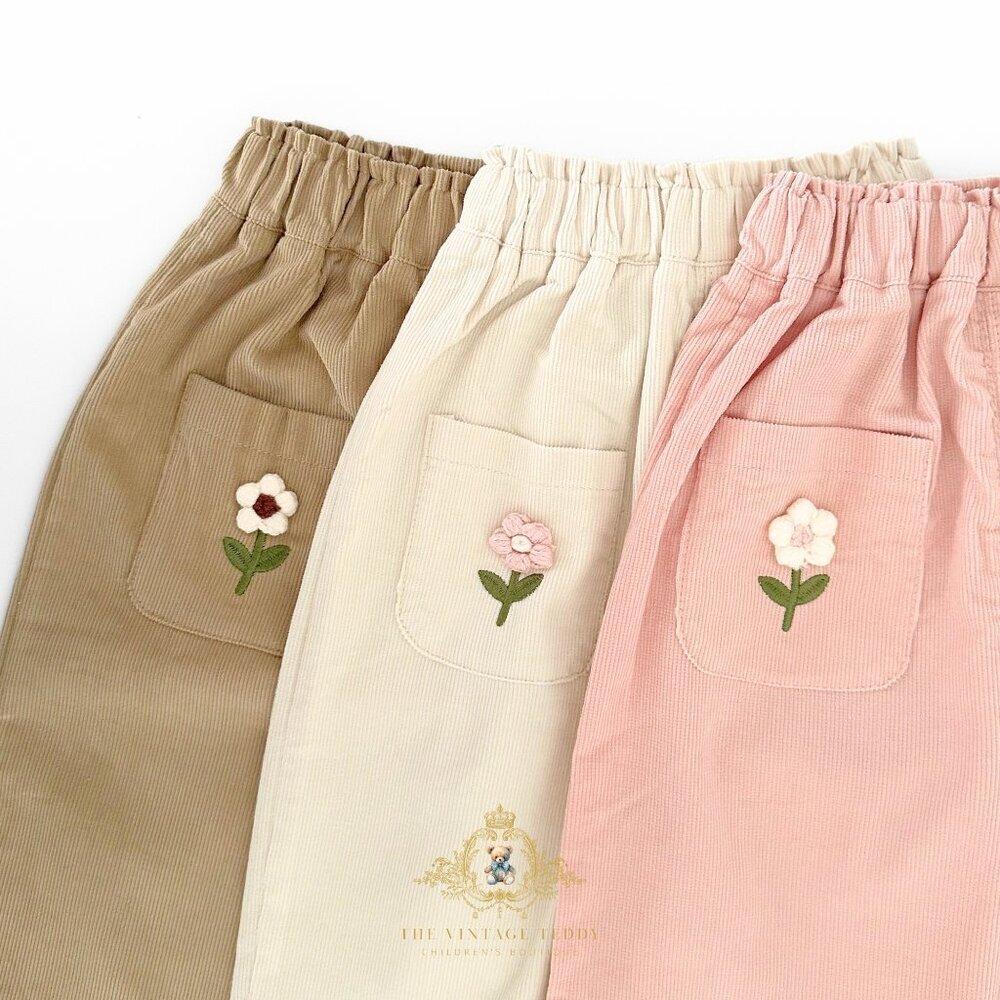 NWT Cute Girls Corduroy Pants Sweet Embroidered Flower Elastic Waist Pink 9-12M - Picture 3 of 4